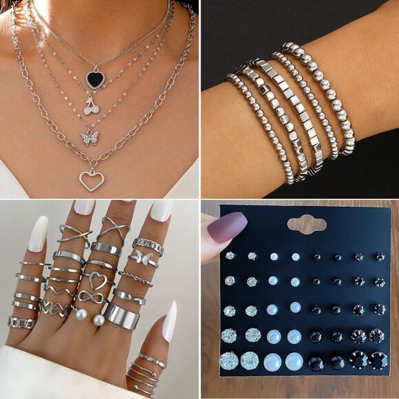 92 PCS Silver Plated Jewelry Set with Necklaces, Bracelets, Earrings, Rings - Picture 7 of 8